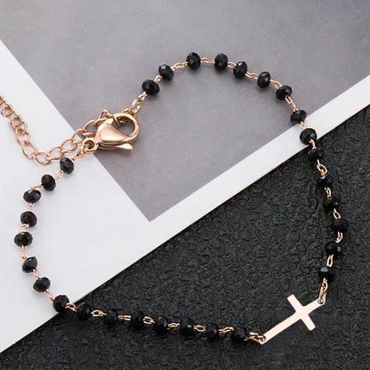 Bracelet Croix Perles Noires ✞