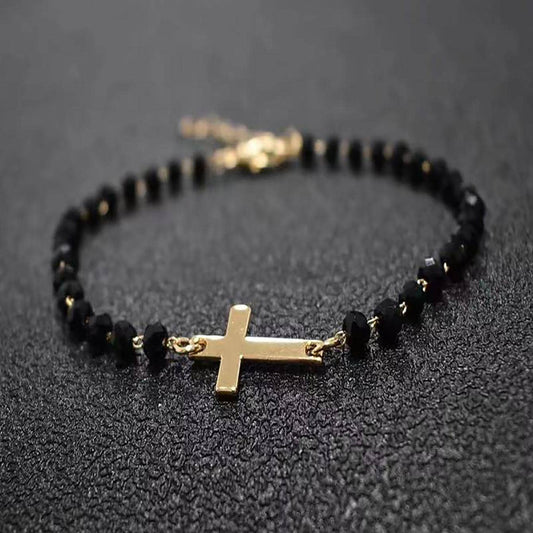 Bracelet Croix Perles Noires ✞