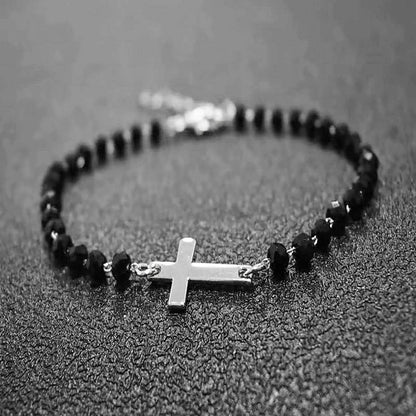Bracelet Croix Perles Noires ✞